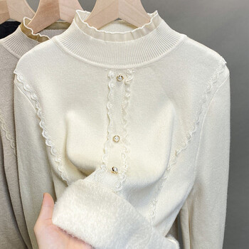 Women's velvet half-turtleneck sweater 2024 winter new style lace thickened knitted inner style bottoming shirt white ready stock plus velvet s recommended 80-90 pounds