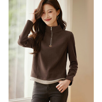 Shangjing contrast color splicing lapel t-shirt autumn and winter fashionable versatile brushed thick bottoming shirt for women