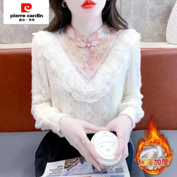 Pierre cardin lace bottoming shirt for women, autumn and winter 2025 new velvet and thickened ruffled new chinese style top 8391 apricot (velvet), velvet all over, thickened s, recommended 80-100 pounds