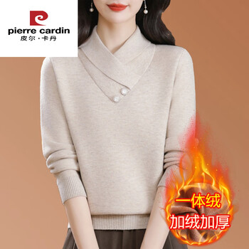 Pierre cardin 2025 new cardigan women's cross-neck plus fleece sweater winter thickened mother's all-in-one fleece inner bottoming shirt apricot this year's popular light luxury brand s recommended 80-100 pounds