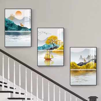 Yusenyi modern stairwell decorative painting background painting aisle corridor overlay painting sofa living room nordic fulu jinshan aluminum alloy frame-bright crystal porcelain surface noble black frame 50x70 (suitable for walls about 2.5 meters)