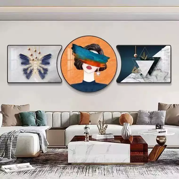 Yusenyi new chinese style living room decorative painting modern minimalist sofa background wall triple hanging painting circle mural 02 elegant life high-end crystal picture-10mm thick plate light luxury gold frame 60x80 on both sides and 80x80 in the middle (a set of three)