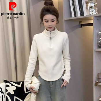 Pierre cardin velvet thickened temperament zipper half turtleneck german velvet bottoming shirt for women with versatile design top commuting long-sleeved t-shirt white german velvet fabric m recommended within 95 pounds