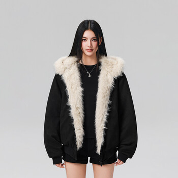 A chock achock official store suede thickened warm fur collar mountain carving cotton jacket heavyweight cotton windproof jacket for men black xl