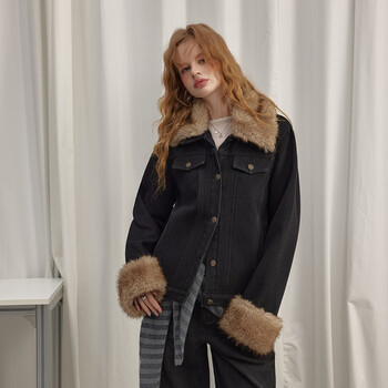 Unifree barn style denim jacket with fur collar stitching 25 new winter new loose warm thickened cotton coat black l