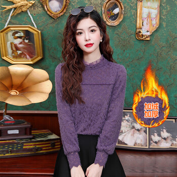 Ye zifeng (yezifeng) velvet thickened bottoming shirt for women autumn and winter new fungus collar beaded versatile thickened brushed lace shirt top purple thin m
