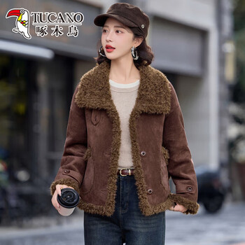 Woodpecker retro fashion lamb fur all-in-one coat for women 2025 autumn and winter high-end casual temperament buckskin velvet cotton coat red brown m recommended within 115 catties