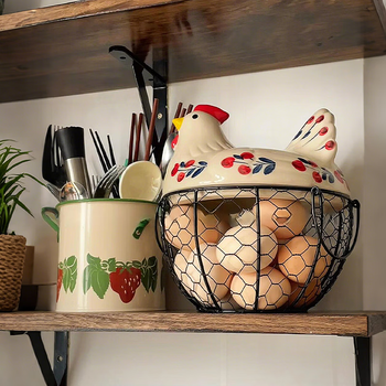 Miaopule my kitchen egg storage basket egg storage box ceramic iron basket kitchen desktop decoration ventilation moisture-proof extended freshness cherry blossom