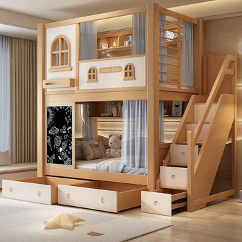 Yusenyi full solid wood bunk bed with same width bunk bed and bunk bed for children's room tree house bed high and low bed double bed with slide 1200mmx2000mm ladder bed-bookshelf-drag bed (curtains for the upper bunk-upper and lower mattresses are included) more combinations