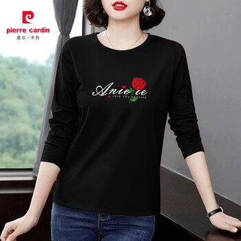 Pierre cardin t-shirt women's long sleeve 2025 autumn and winter cotton loose middle-aged mother's bottoming shirt early spring autumn top black anic rose little heart m