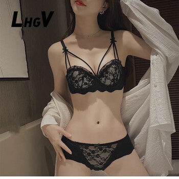 Lhgv brand underwear, feminine lace push-up, no wire rings, high-end pure lust style holiday gift bra set, black set, gift box 80a 36b