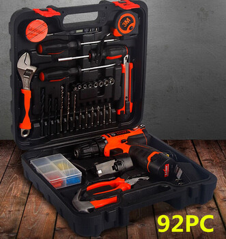 He jiagong lithium battery rechargeable impact drill set automatic electric screwdriver gift hardware combination tool set 92 pieces ordinary one-power* lithium battery electric drill set