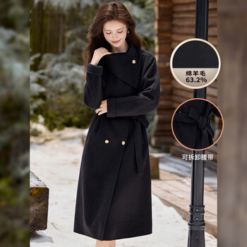 Bailu yu temperament style wool blended double-sided tweed 25 winter new year red scarf style stand collar coat for women charcoal black m