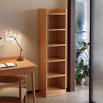 Left-hand bookshelf, vertical floor-to-ceiling bookcase, storage cabinet, integrated wall storage rack, living room corner storage rack, narrow slit shelf, impulse subsidy, full back panel, five-layer oak color