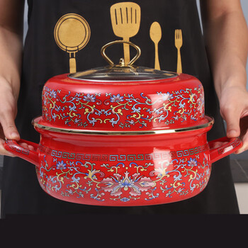 Oulijia enamel enamel pot single layer short seafood pot soup pot noodle pot steamed buns steamed buns open flame can be heated red wrapped branches single layer - fattening steamer 26cm