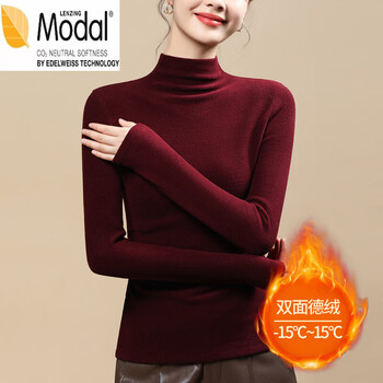 Modal bottoming shirt, women's german velvet half turtleneck t-shirt, autumn and winter korean style warm lining with velvet and thickened western-style long-sleeved tops, anchor red double-sided warm genuine velvet s (recommended 80-90 pounds)