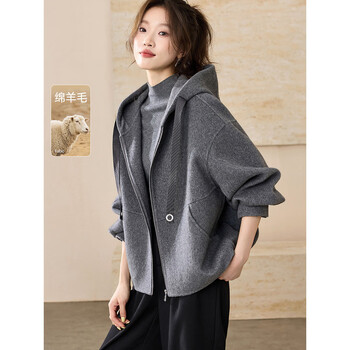 Mohan yimei relaxed and lazy hooded double-sided woolen coat 25 winter casual high-end one-hand-length wool coat