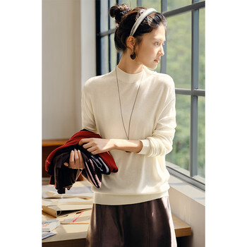 Touch miss elegant cashmere sweater for women 2025 autumn solid color temperament simple loose bottoming shirt trendy off-white l