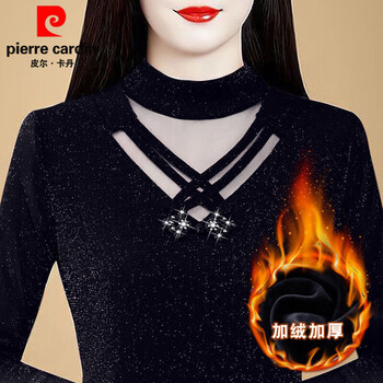Pierre cardin half turtleneck autumn and winter warm and stylish velvet bottoming shirt for women long-sleeved new mesh lace shirt slimming top black velvet style thickened 2xl suitable for 120kg-130kg