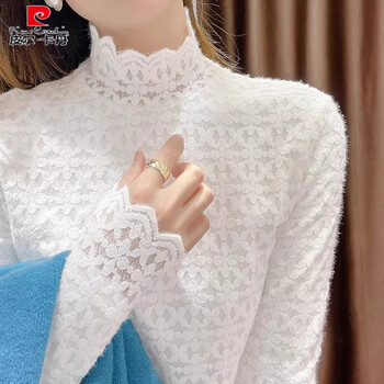 Pierre cardin high-neck brushed lace bottoming shirt for women, autumn and winter style inner high-end sweater plus velvet thickened european warm top, white regular s