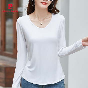 Pierre cardin bottoming shirt black v-neck bottoming shirt for women in spring, autumn and winter with loose facial mask long-sleeved t-shirt sweetheart neck thin top white s recommended 80-95 pounds