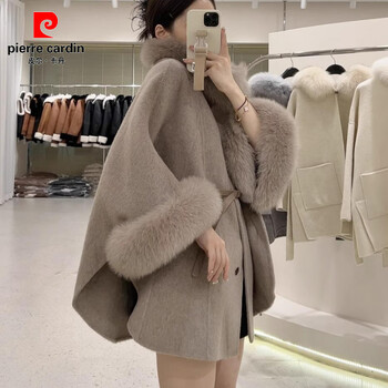 Pierre cardin autumn and winter new sense cloak double-sided wool coat women's cashmere coat fox fur collar wool coat gray coffee l