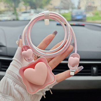 Barbie apple charger protective case fast charging suitable for 12/13/14/15 data cable anti-breaking winding cable clamp wave pattern heart pink charger protective case