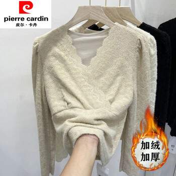 Pierre cardin autumn and winter v-neck plus velvet thickened lace shirt for women, puff sleeves, french age-reducing inner wear, frayed lace bottoming shirt, trendy khaki s