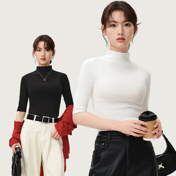 Jianyun modal cotton half turtleneck bottoming shirt for women with thin half-sleeves and slim fit that can be worn as a three-point short-sleeved bottoming top