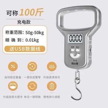 Tuojin japan imported high-quality and accurate mini portable electronic scale 50kg portable high-precision household express scale hook lithium battery fast charging noble silver 50kg (large ring without hand + power cord_line