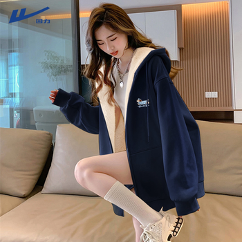 Pull back velvet sweatshirt jacket for women 2025 new autumn and winter navy blue hooded cardigan for women thickened sherpa top