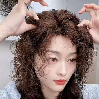 Tangni's top-of-the-head replacement wig for small curly hair, medium-parted wig for women to cover white hair and increase hair volume, fluffy wool curly replacement wig, nano ice mesh 11*13, dark brown 35cm