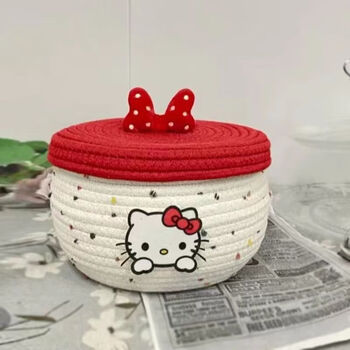 Lzjv desktop storage basket cute kt cat cotton thread woven covered storage basket desktop snack storage box miscellaneous organizing basket popular kt cat red large size 22*16 popular kt cat on the internet