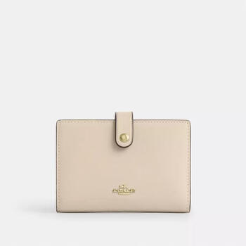 Coach women's bifold wallet with multiple card slots, detachable card holder, built-in coin pocket, snap button closure, light color auto