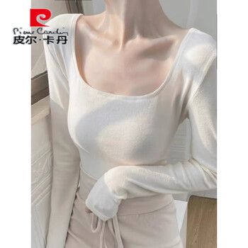 Pierre cardin pink u-neck german velvet bottoming shirt for women, autumn and winter 2025 new long-sleeved warm low-neck slim fit top, white, thin, m, suitable for 80-95 pounds