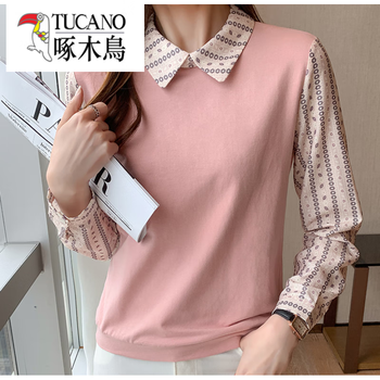 Woodpecker (tucano) chiffon splicing sweater for women 2025 autumn new retro age-reducing slimming versatile bottoming top western style pink xl