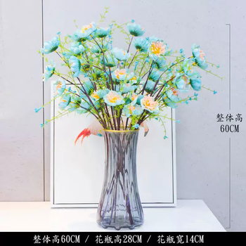 Yusenyi simulated azalea high-end ornaments dried bouquets for the dining table living room artificial flower decoration flower arrangement high-end floral ornaments gray gold-painted crystal vase-lake blue azalea 1 piece