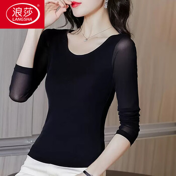 Langsha spring and autumn thin round neck bottoming shirt women's long sleeve mesh t-shirt women's low neck top women's suit inner tight gauze 1620 black round neck m