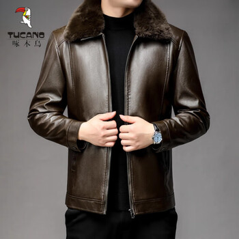 Woodpecker (tucano) removable fur collar men's leather jacket 2025 winter velvet thickened coat windproof warm leather jacket top 1085 coffee color velvet thickened one size fits all 54 recommended 115-135 catties
