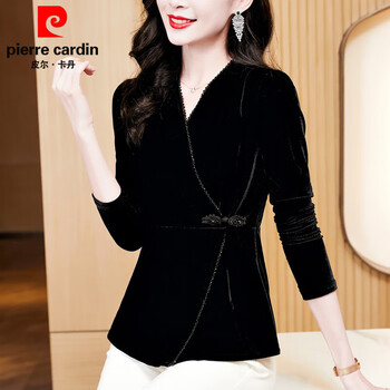 Pierre cardin gold velvet top autumn new waist slimming western style shirt cross v-neck plate button long-sleeved bottoming shirt black regular xl suitable for 116-125 pounds