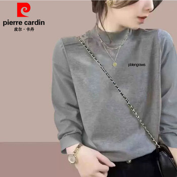 Pierre cardin pure cotton loose slimming bottoming shirt women's long-sleeved t-shirt half-high collar with mid-collar style small stand-up collar 2025 spring and autumn dark gray ad0189 m 80-100 catties