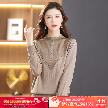 Emz autumn and winter mulberry silk long-sleeved sweater middle-aged mother fashionable design large size t-shirt base khaki m