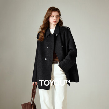 Chuyu coat women's 2025 winter new 100% wool double-sided wool suit collar retro jacket carbon black s