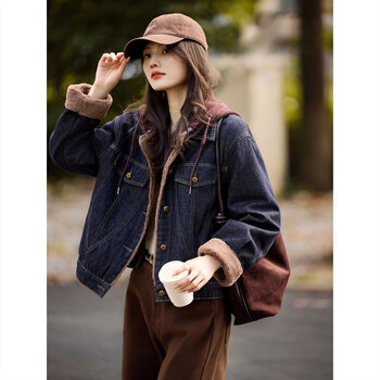 Awakening paradise winter imitation lamb wool fake two-piece knitted hooded top with velvet denim jacket for women coffee s