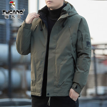 Woodpecker outdoor charge top men's jacket winter trendy cotton clothes thickened cotton clothes men's hooded loose cotton jackets jk6987 military green xl 175 recommended 135-150 catties