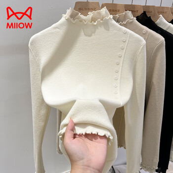 Miiow side button half turtle collar lace splicing design autumn and winter new slim fit pullover knitted bottoming shirt for women white one size 80-120