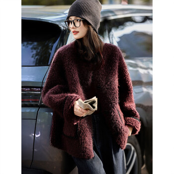 Awakening paradise winter fashion loose lazy style stitched imitation lamb fur jacket for women burgundy thick l