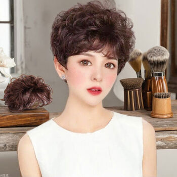 Real hair short curly hair top replacement patch middle-aged natural fluffy cover white hair wig female short hair realistic hair cover block dark brown