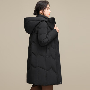 Snow flying down jacket women's winter mid-length mother's wear removable hat warm solid color winter jacket black xl