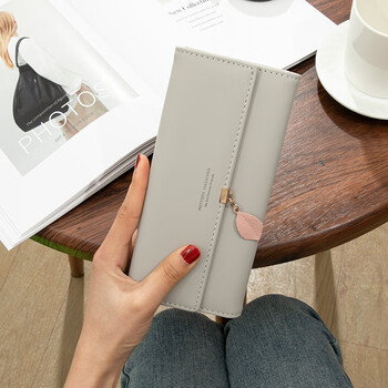 Long women's wallet korean style leaf pendant three-fold wallet small fresh student multi-functional large capacity clutch bag light gray